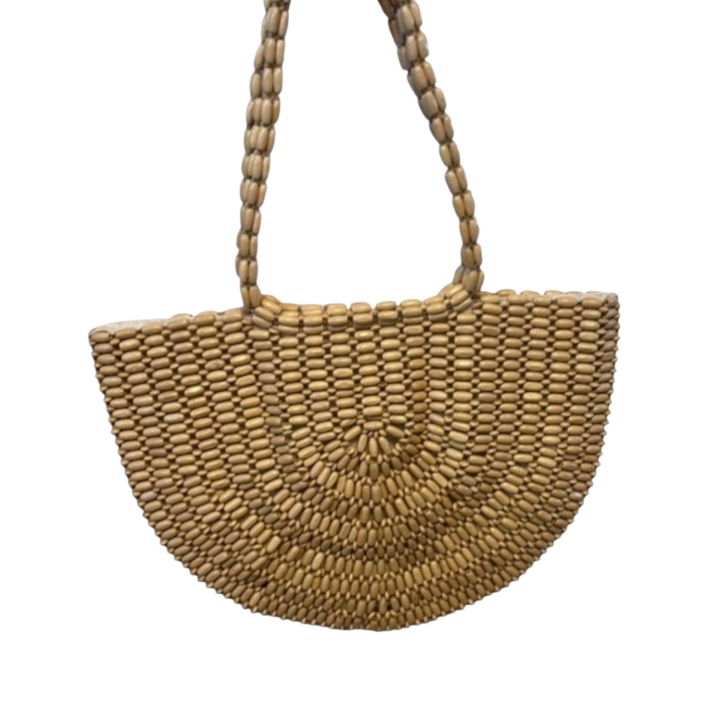 NWT Rachel Ashwell Wooden Beaded Crescent Bag Boho Bead Tote Natural - Picture 3 of 9